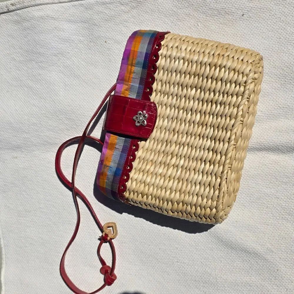 Brighton Madras Plaid Fabric Lijed Multicolor Woven Straw Crossbody Bag